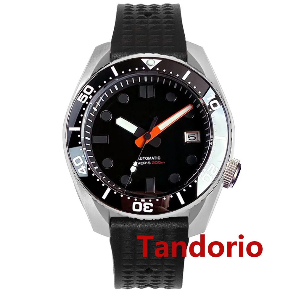 20ATM Diving Tandorio 42.5mm NH35A Automatic Men Watch Sapphire Glass Luminous Rubber Strap Date 3.8 o\'clock Crown Black Dial