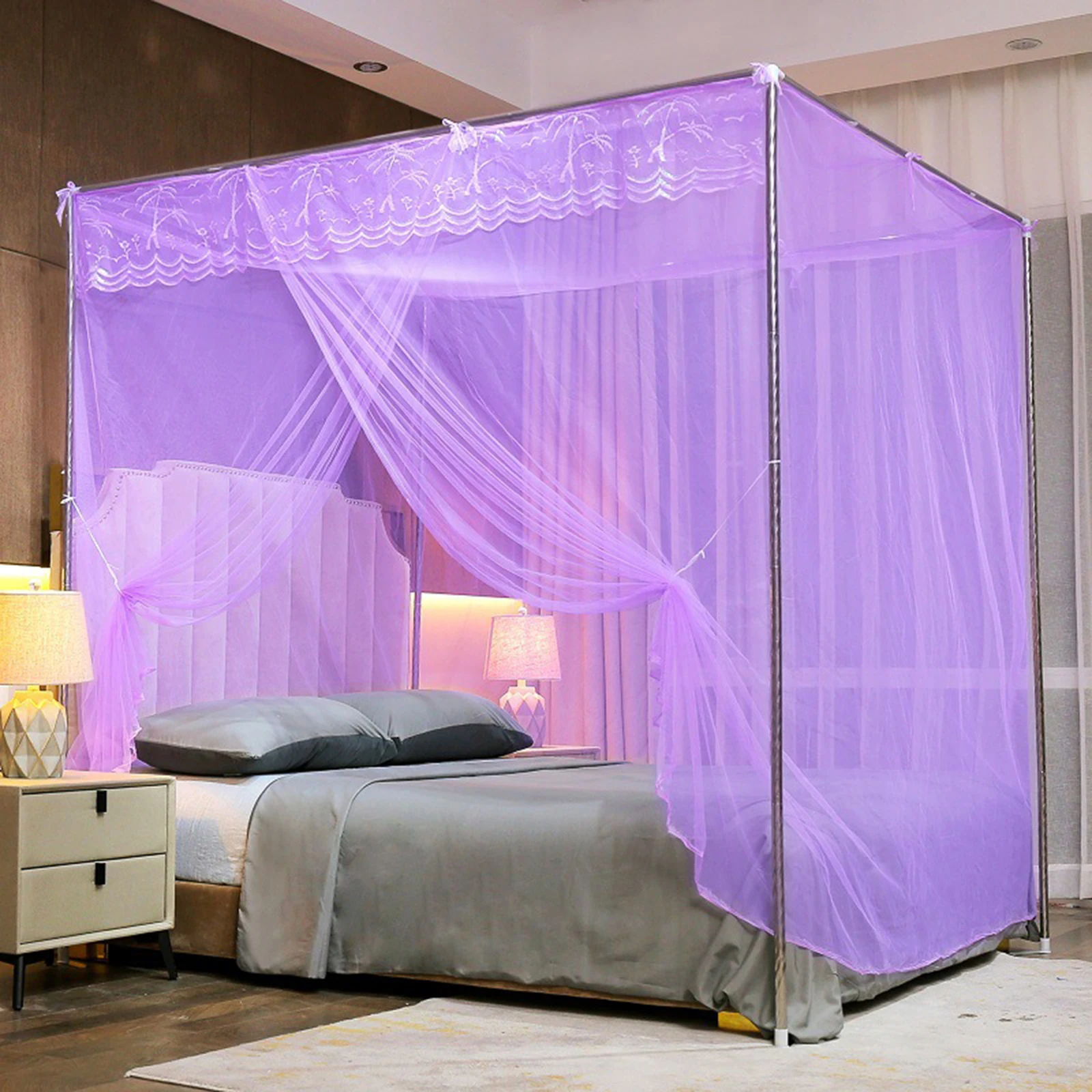 4 Corner Post Lace Trim Princess Bed Canopy 2024 Summer Fine Mesh Lace Square Mosquito Net Student Dormitory Room Decor 1.8mhigh