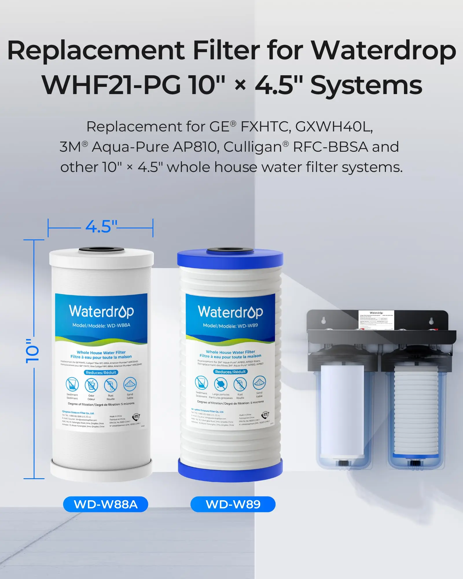 Waterdrop WF10PG Whole House Water Filter For WHF21-PG 10 X 4.5 System, Replacement for GE® FXHTC, GXWH40L, 3M® Aqua-Pure AP810, Culligan® RFC-BBSA, Reduces Sediment, Chlorine, Taste, Odor