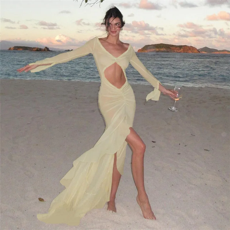 ヨーロッパとアメリカの夏の婦人服向け、Vネック、シースルー、セクシーなL字型カットアウトとプリーツレースの新作ドレス