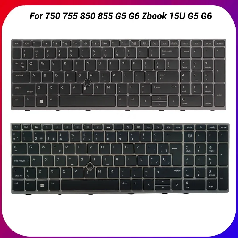 US/Spanish Laptop Keyboard For EliteBook 750 755 850 855 G5 G6 Zbook 15U G5 G6 Pointing stick silver frame