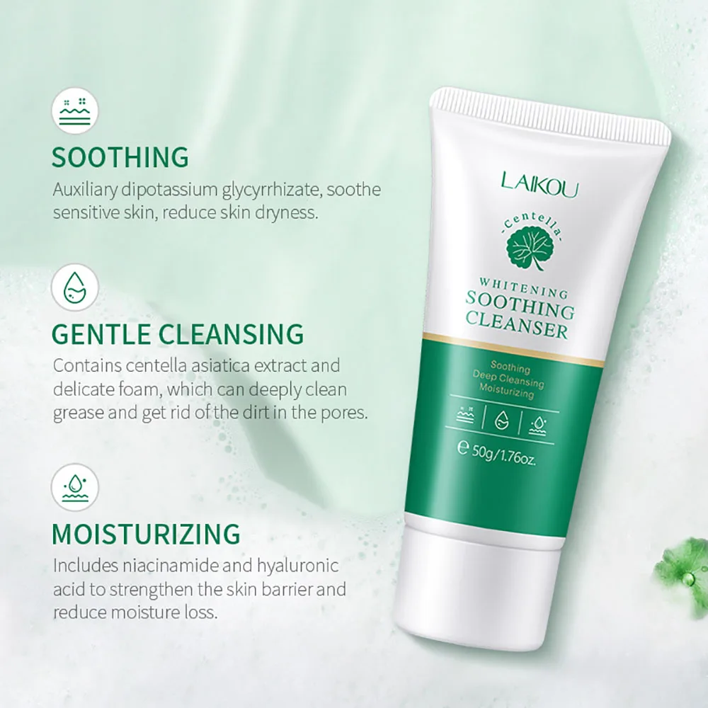 LAIKOU Centella Face Wash 50g, Soothing Sensitive Skin Cleanser with Squalane, Hydrating Pore Minimizing Facial Wash Rich Foam