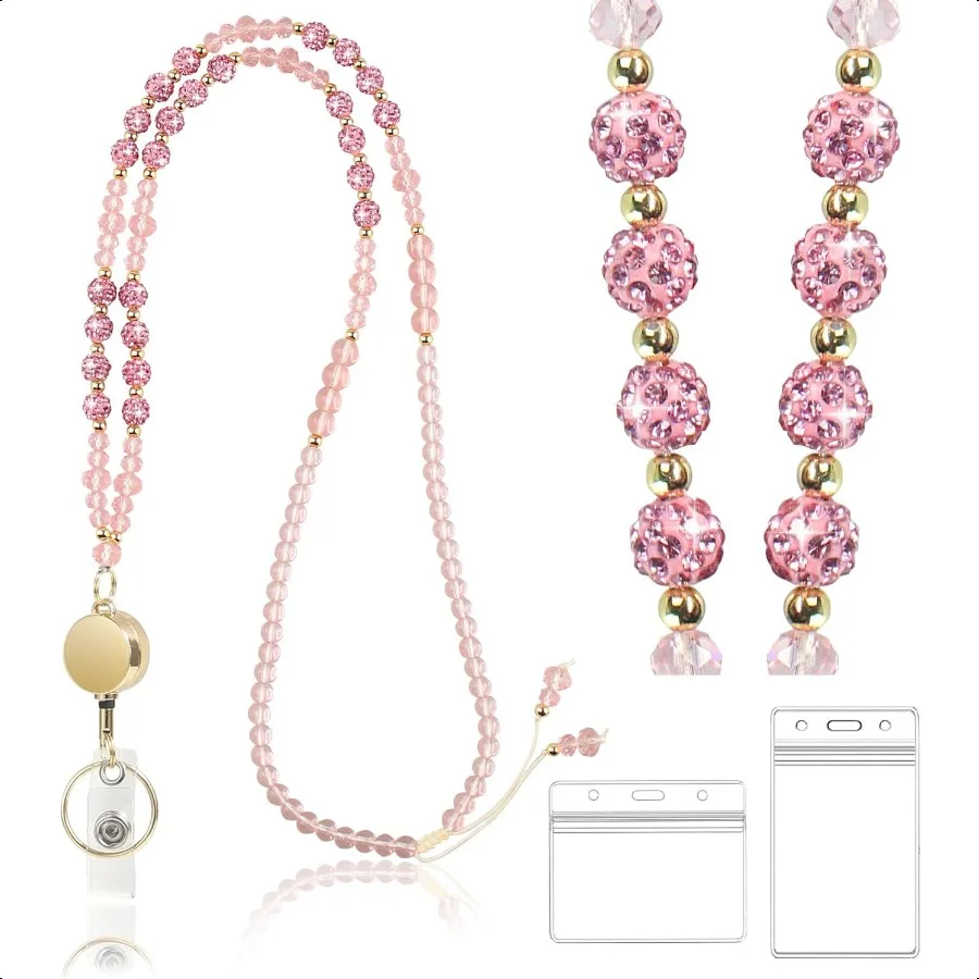 

Выдвижной ремешок с блестящими бусинами для женщин, идеально подходящий для идентификационных бейджей, ключей, регулируемый ремешок с бусинами, катушкой для бейджа и держателем для удостоверения личности