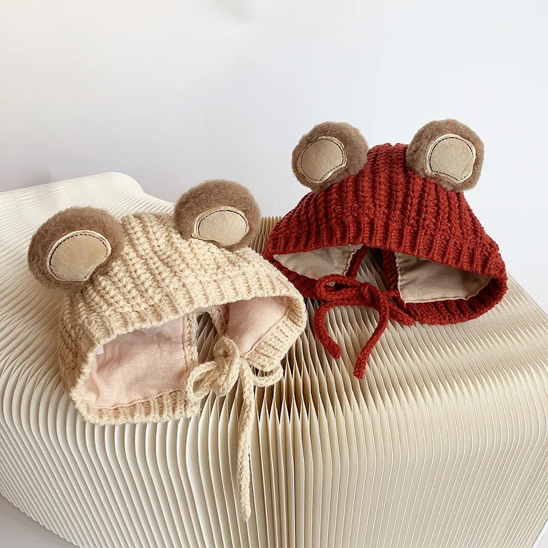 2024 Autumn Winter Newborn Girl Hat Bear Rabbit Ears Knitted Infant Girl Caps Multiple Color Available Lace-up Baby Girl Hats