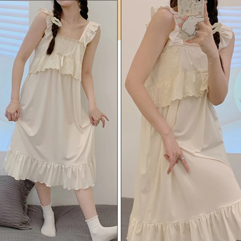 Ruffles Nightgowns ผู้หญิงฤดูร้อนหลวมหวานที่แพร่หลายนุ่ม Loungewear ประณีต Elegant เกาหลีสไตล์ Chic ทุกวัน