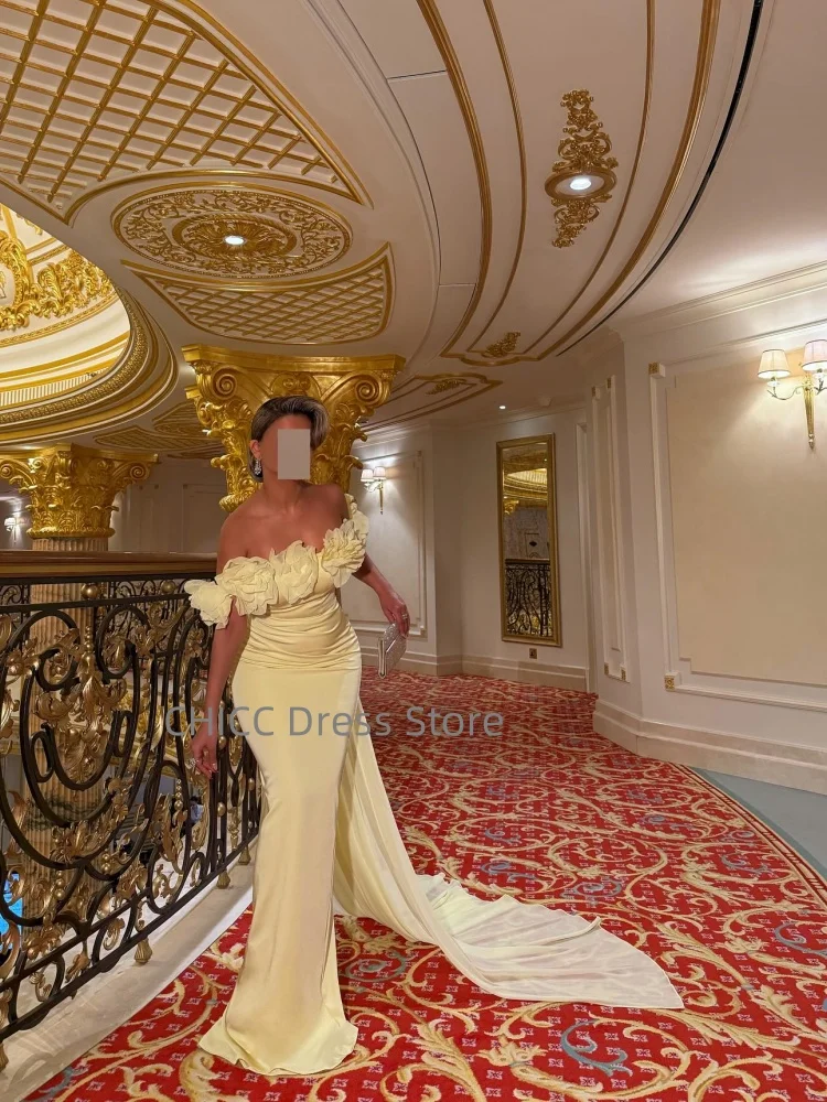 Abiti da ballo gialli senza spalline senza maniche abito da sera arabo fiore sirena mantello abito da festa di gala abiti da soirée personalizzati