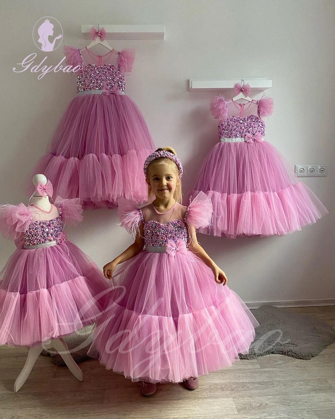 

Baby Pink Feather Flower Girl Dress for Wedding Puffy Beaded Pearls Princess Kids Birthday Party First Communion Ball Gown