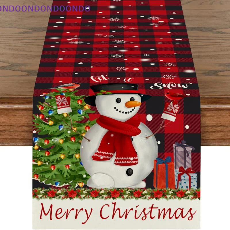 5Pcs Buffalo Plaid Xmas Table Runner Placemat Set Snowman Print Heat Resistant for Christmas Kitchen Table Decoration