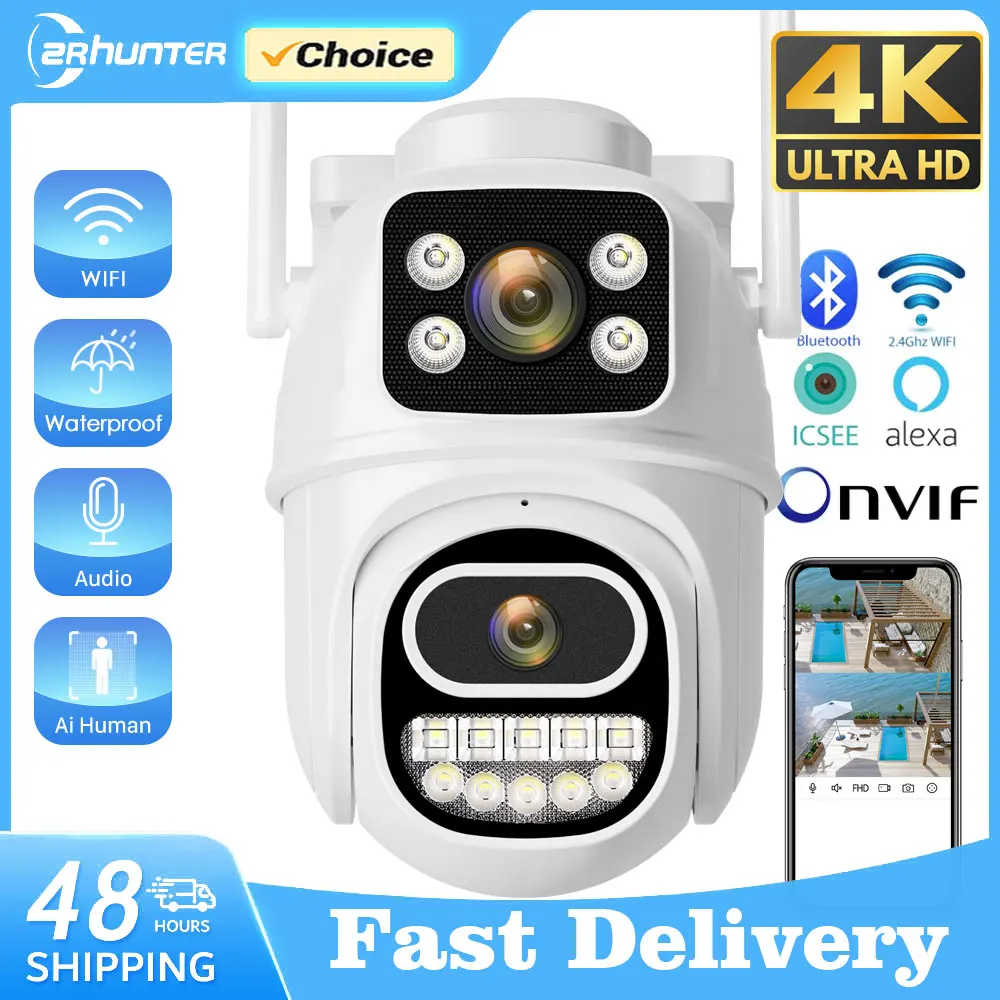 Wifi PTZ Camera Dual Lens Screen 4K 8MP HD Security Protection Color Night Vision Auto Track CCTV Surveillance Camera ICSEE APP