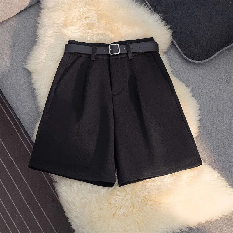 Autumn Winter Five-point High-waisted Wide-leg Loose Woolen Women's Shorts New Casual Fashion Pants