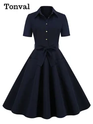 Tonval Navy Blue Vintage Pinup Summer Long Dresses Women Button Up Belted Rockabilly Swing Dress Elegant 2026
