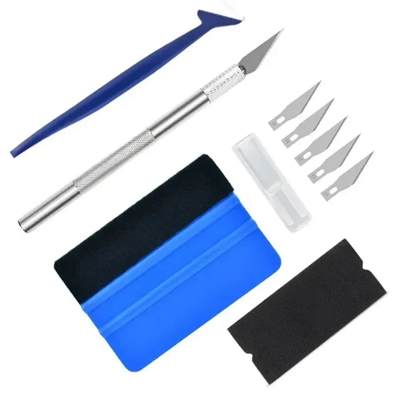 Kit de 10 outils pour le covering automobile, comprenant grattoir à vinyle, cutter, raclette à film, spatules à vinyle, outils pour film plastique et outils pour teinte de vitres.