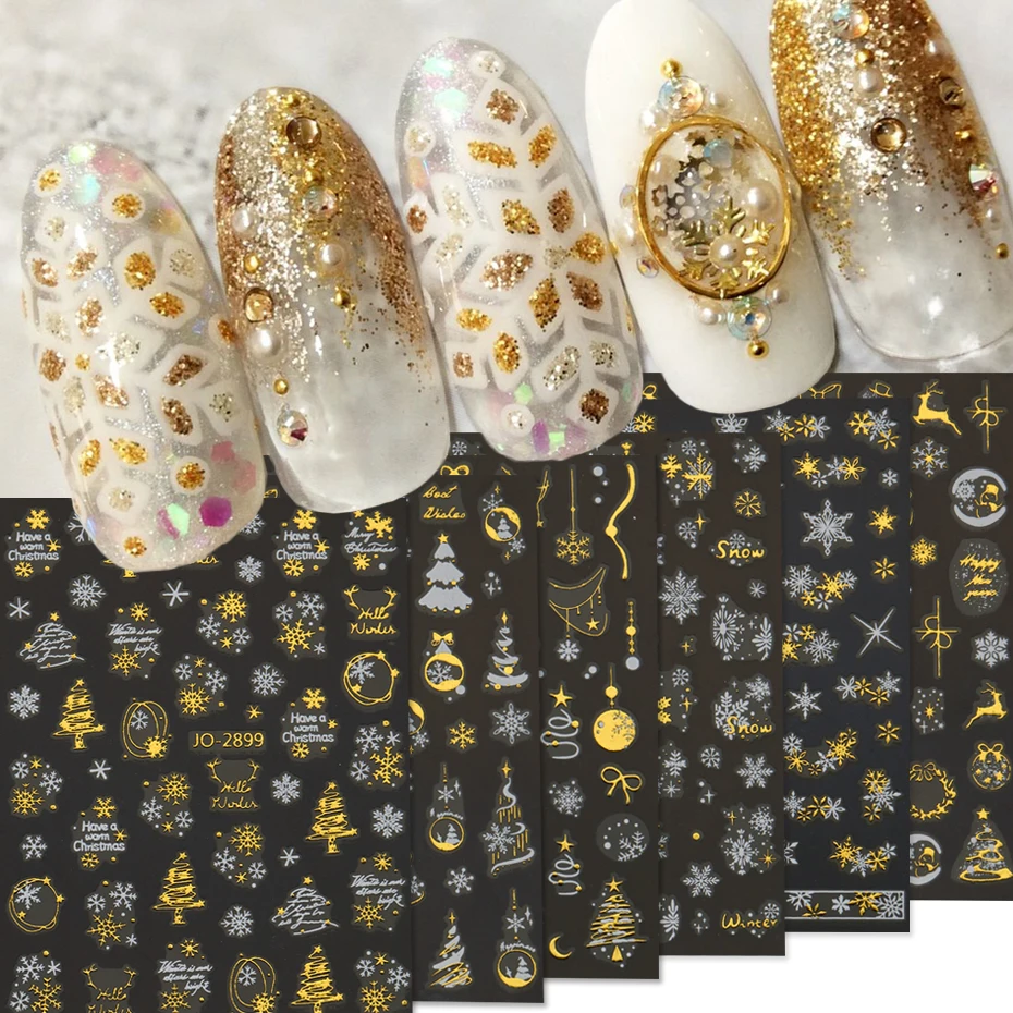 Weihnachts-Nagelaufkleber-Set – selbstklebende Nagelaufkleber, goldene Schneeflocken, Weihnachtsbaum, holografisches Design für DIY-Maniküre