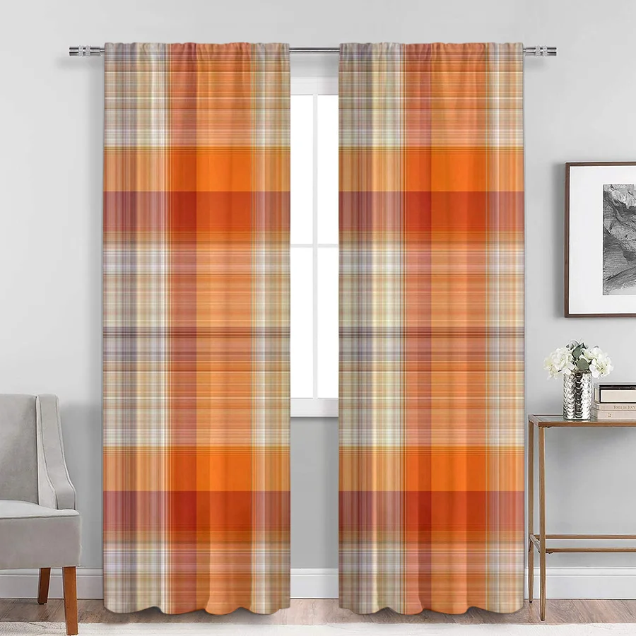 2PCS Digital Print Curtains, Orange Red White Plaid Tartan Buffalo Check, Fall Farmhouse for Living Room Kitchen Decor