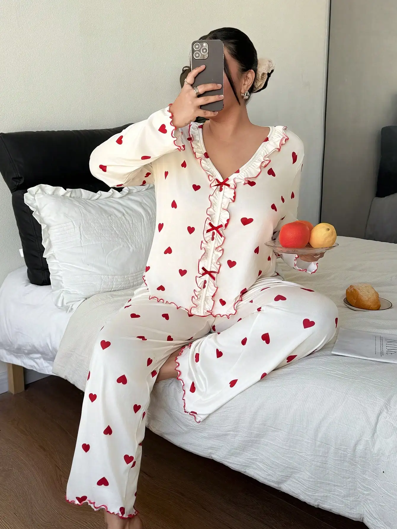 

Cream Heart Print Ruffle Trim Long Sleeve Pajama Set for Women