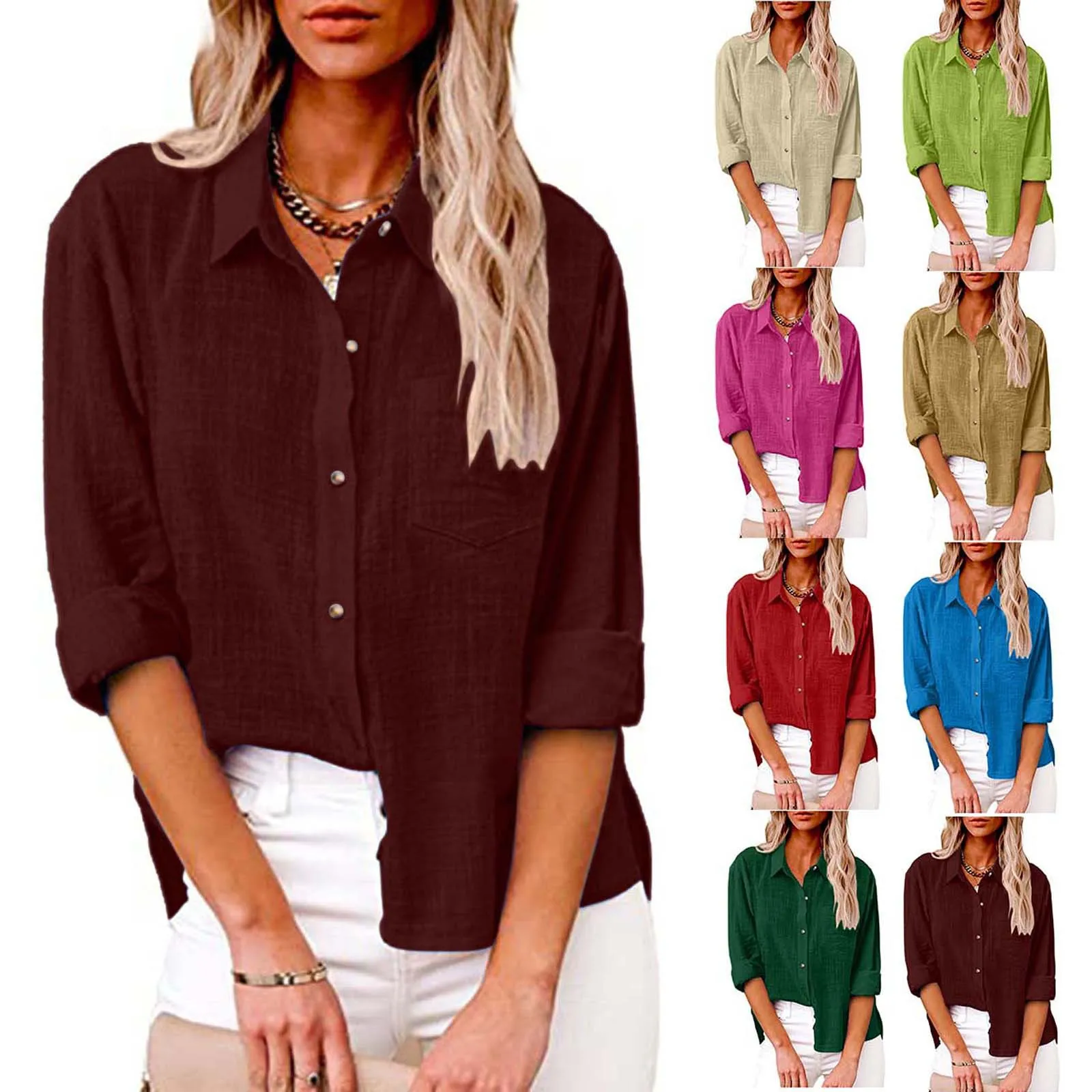 Women Elegant Solid Cotton Blouse Spring Summer Casual Long Sleeve V Neck Loose Shirt Office Lady Tunics Oversized Tops