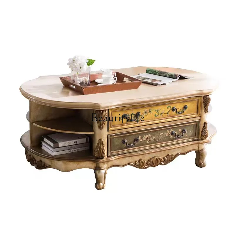 

American solid wood European living room long tea table large capacity oval with drawers tea table storage