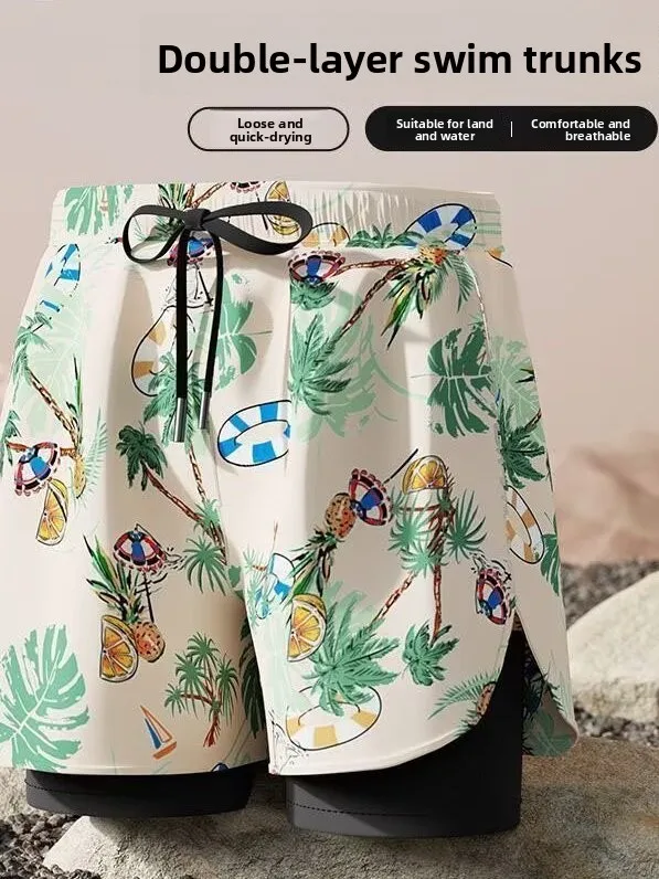 Double Layer Swimming Trunks Men's Sporty Loose Fit Quick Dry Breathable Elastic Beach Pants Three Quarters in Size