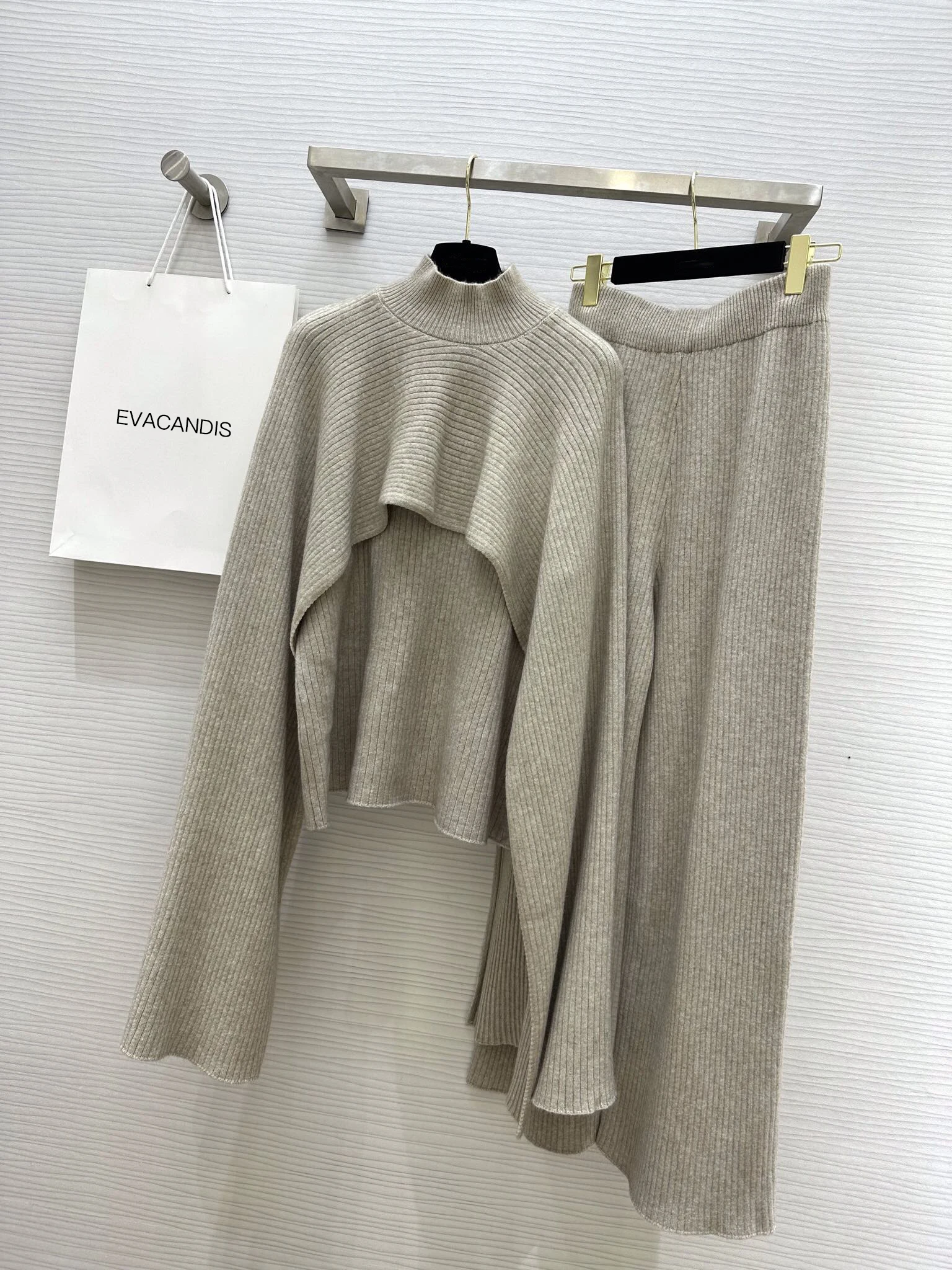 2024 Women New Autumn Winter Wool Vintage Elegant Knitted Wrap Long Sleeve Tops and Straight Pants Three-piece Sets Chic Solid