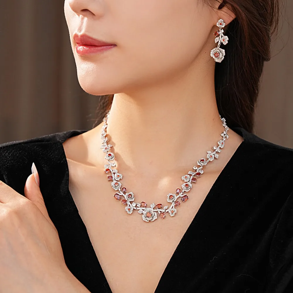 Vintage Luxury Silver Tone Inlaid Red Zircon Rose Necklace Dangle Earring for Women Exquisite Bride Wedding Banquet Jewelry Sets