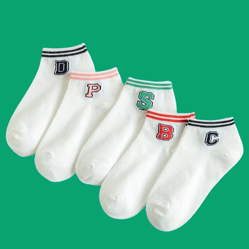 Calcetines de algodón de tubo medio para mujer, medias informales con letras, estilo universitario, doble barra, color blanco, para las cuatro estaciones, 5/10 pares