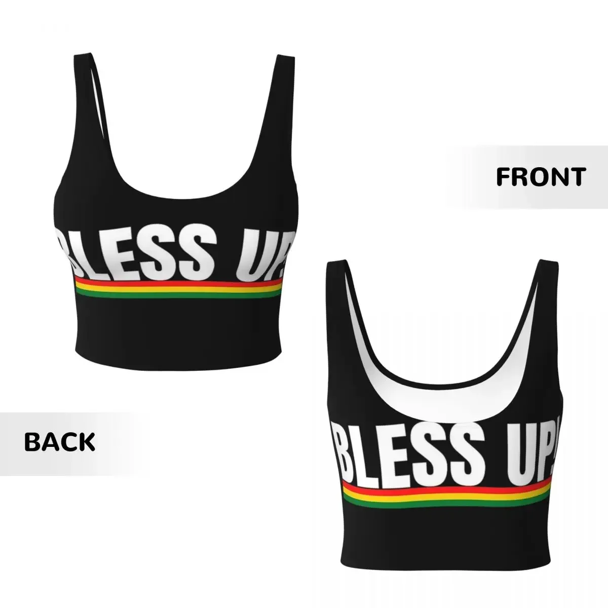 Custom Bless Up Jamaican Patois Slang Reggae Rasta Colors Women Sports Vest Bras Gym Workout High Impact Yoga Crop Tank Tops