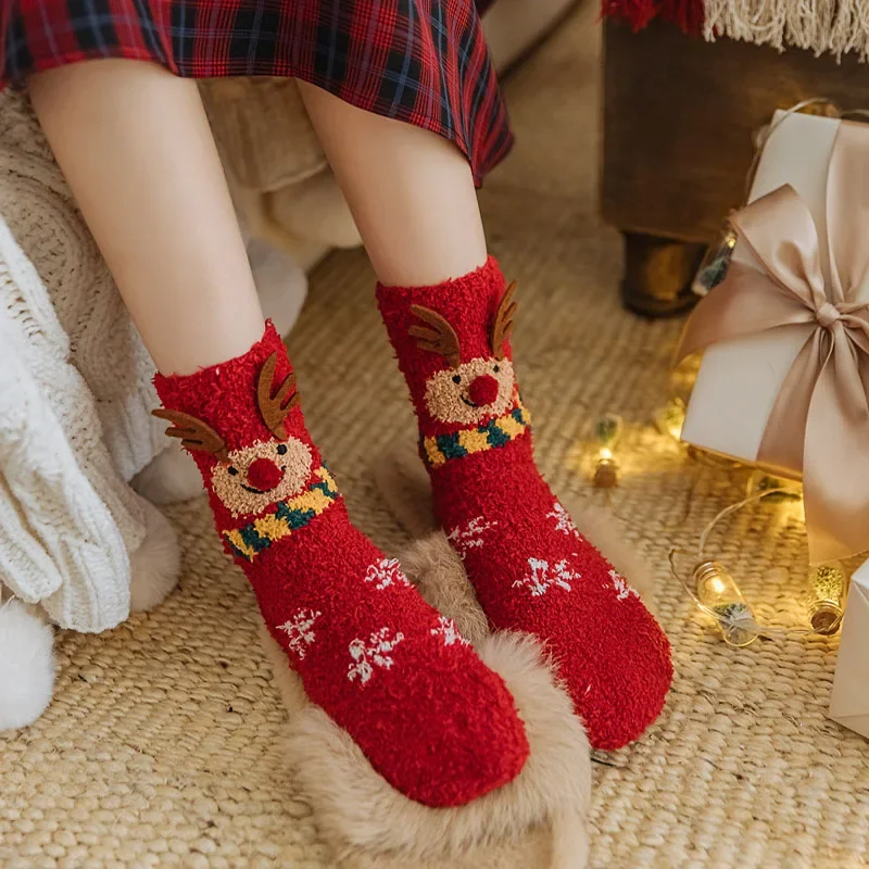 Christmas coral fleece socks mid-tube warm thickened floor sleep cartoon socks