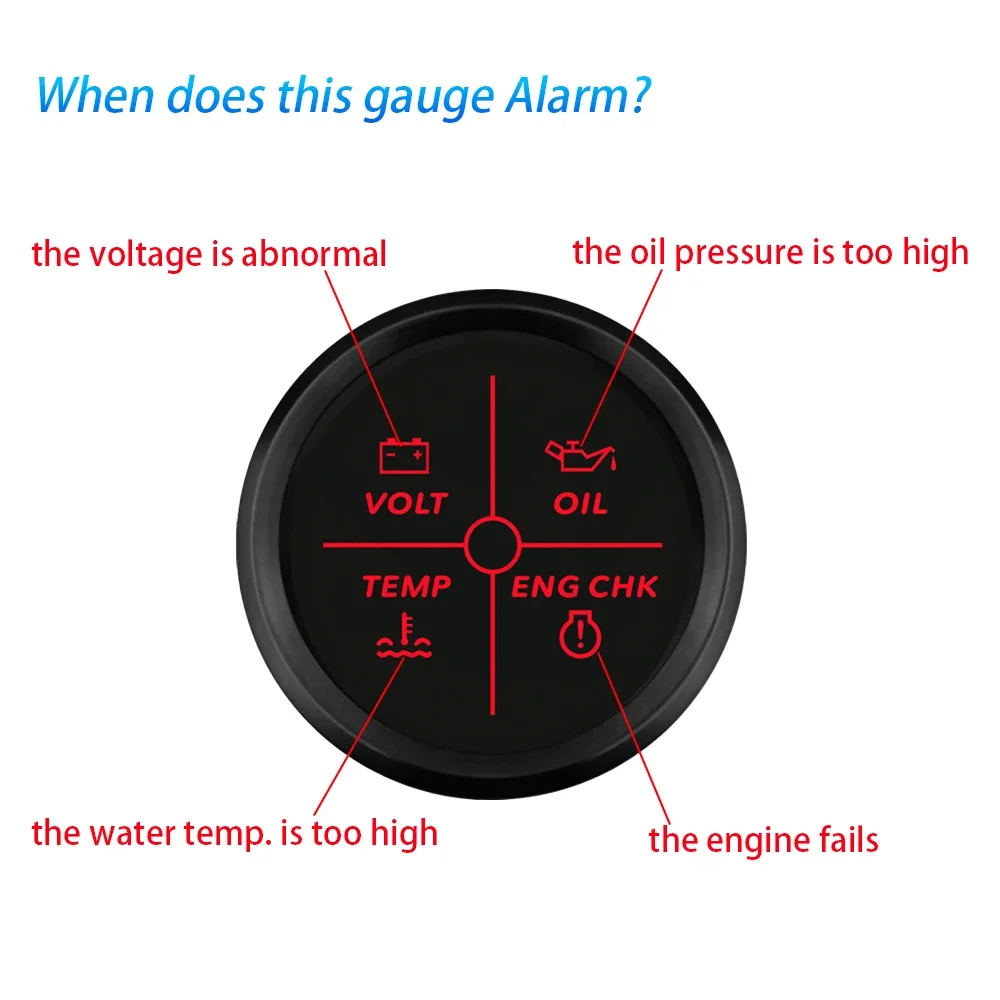 

52mm Engine 4LED Volt Water Temp Oil Pressure Alarm Indicator Gauge Meter with Red Backlight for RV Car Motorcycle Ships 12V 24V