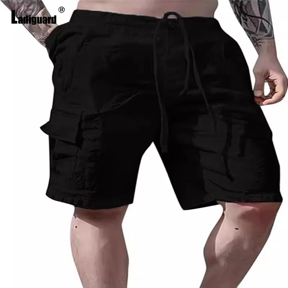 Ladiguard Plus Size 3xl Men Casual Linen Beach Shorts Solid White Khaki Multi-Pocket Shorts Men\'s Drawstring Knee-Length Pants