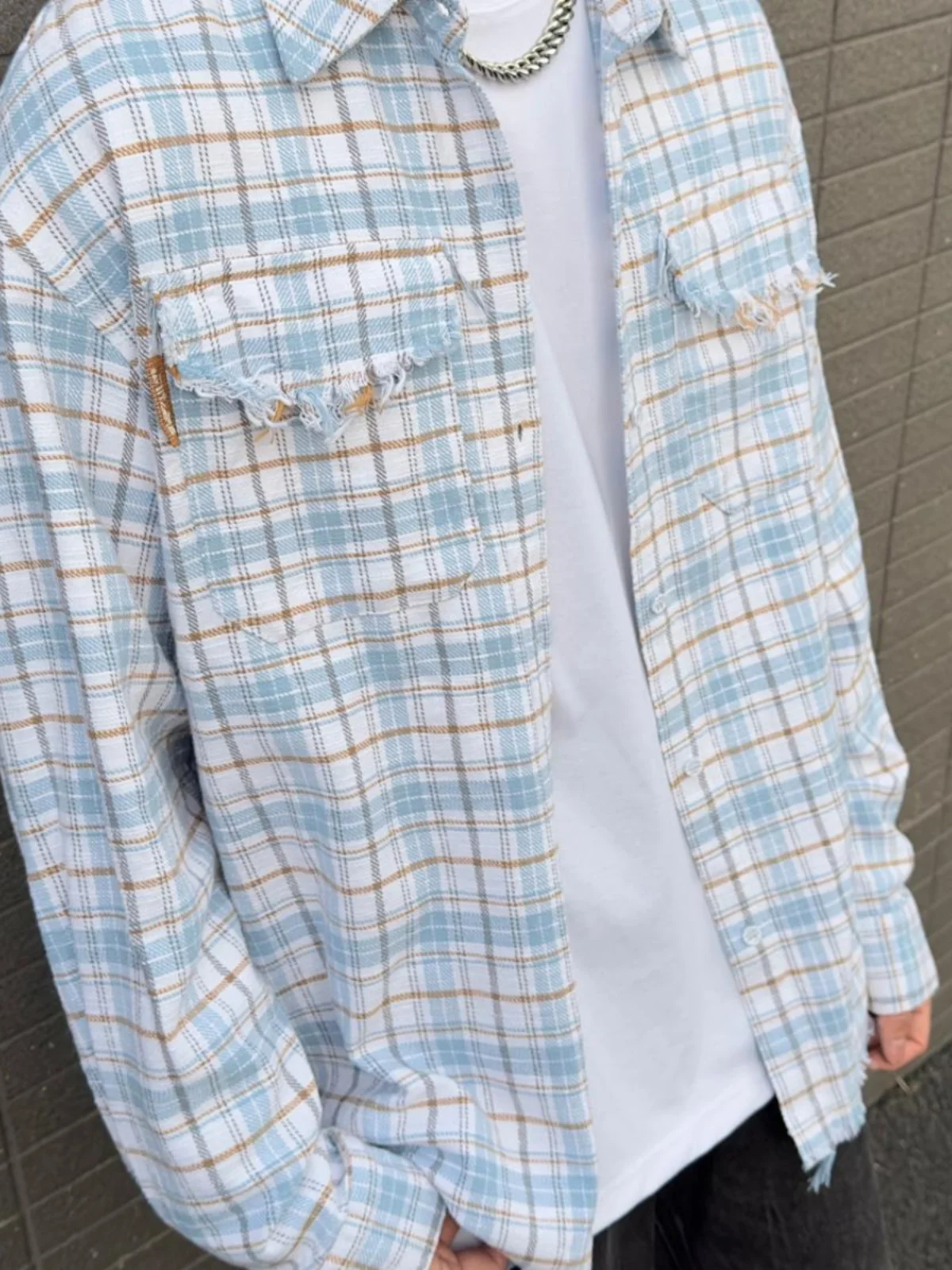 

American Retro Blue Plaid Long Sleeve Cotton Casual Shirt Frayed Tassel Clean Fit Loose Style Sharp Collar Daily Wear