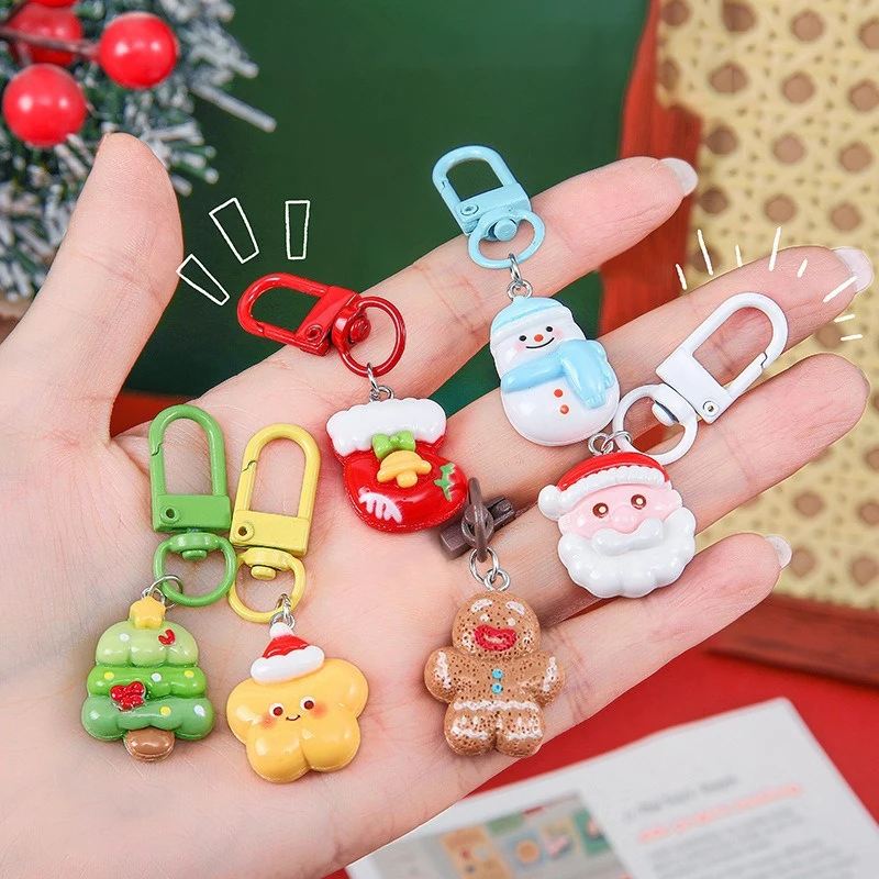 1 Pc Christmas Resin DIY Key Chain Cartoon Santa Pendant Key Ring Backpack Charm Christmas Key Chain