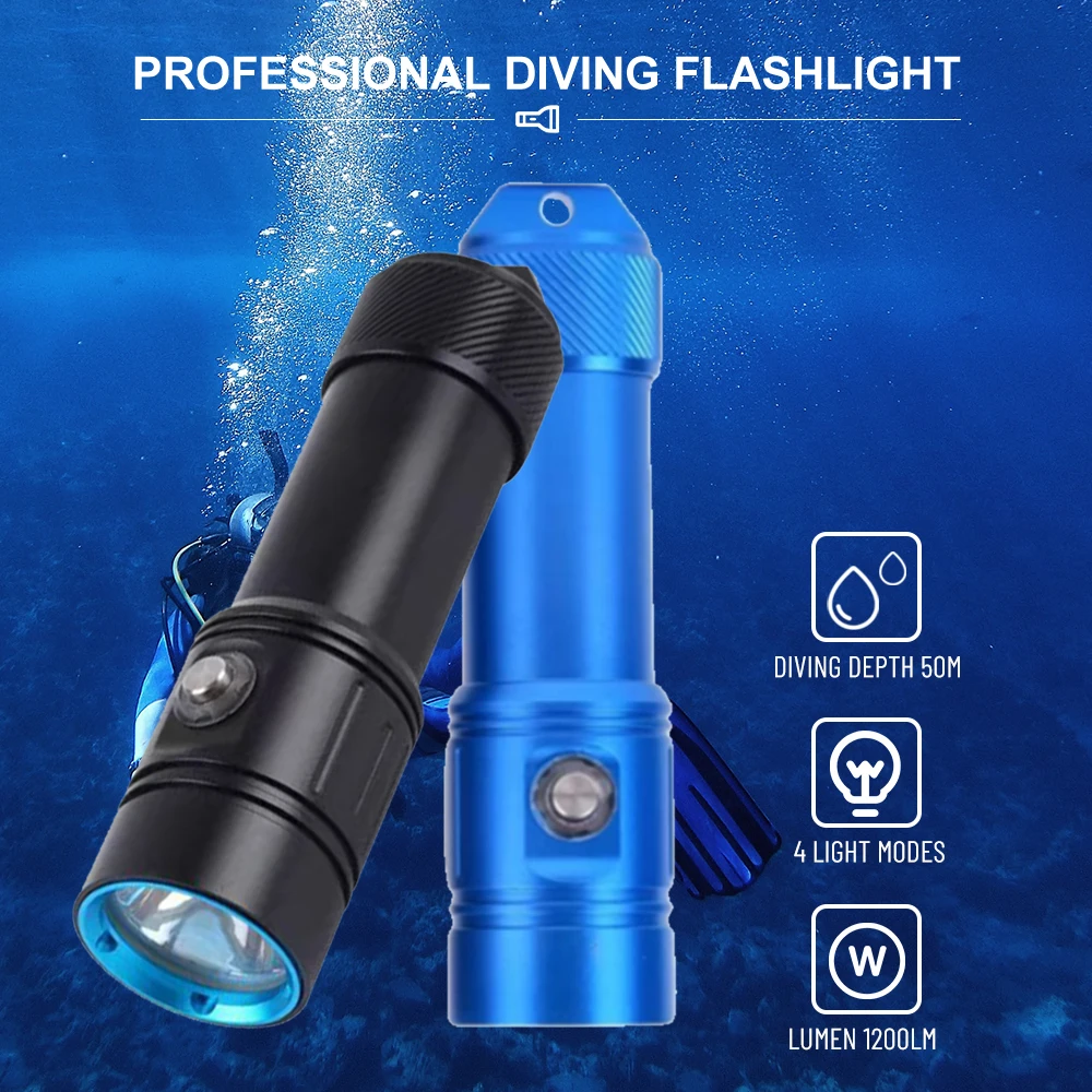 Asafee AF17D 50M Underwater Diving Flashlight L2 LED 1200LM Submersible Dive Light Lamp Torch IPX8 Waterproof Lantern