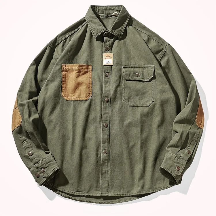Retro American Casual Workwear Shirt Men's Long Sleeve Hard Man Contrast Color Patch Trendy Brand Cotton Oxford Cloth Shirt