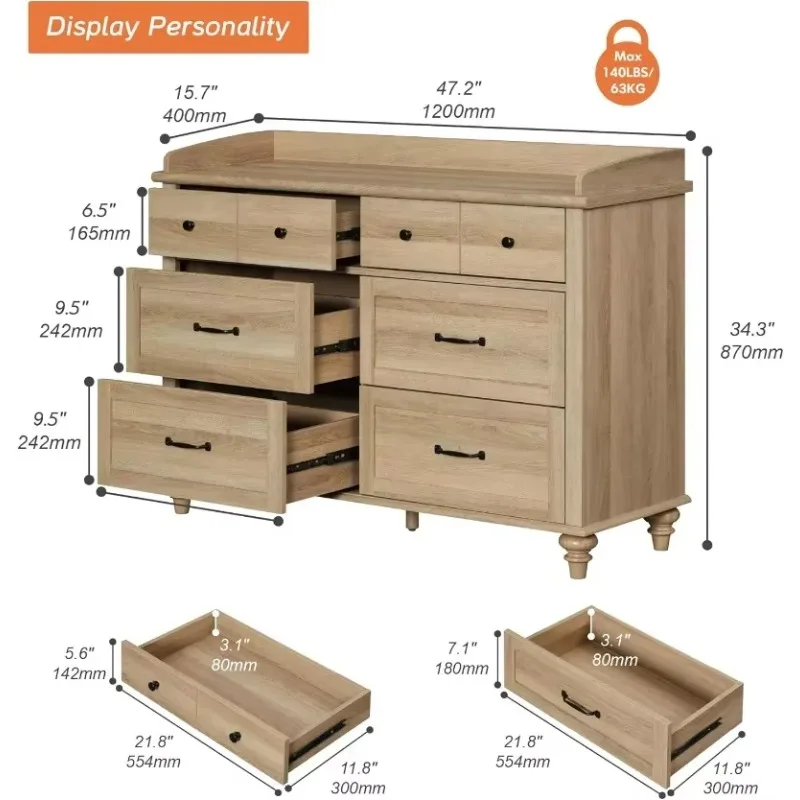 Dresser for Bedroom with 6 Drawers, Kids Dressers with Wide Chest of Drawers, Rustic Oak