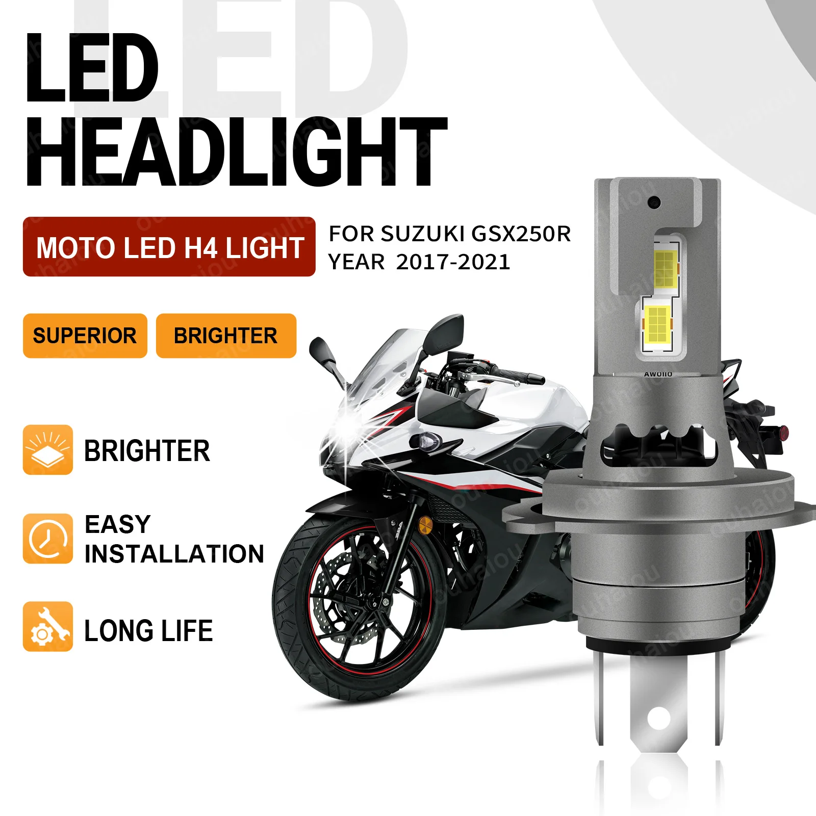 

H4 Motorcycle LED Headlight Bulb 15000LM Motorbike Headlamp 6000K For SUZUKI GSX250R YEAR 2017 2018 2019 2020 2021