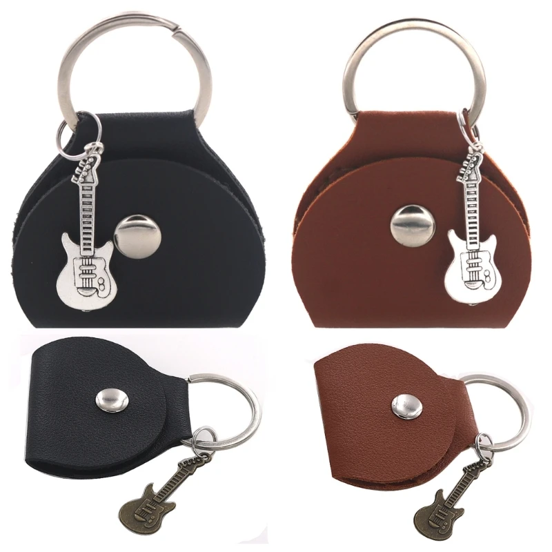 Guitar Pick Holder Case with Keyring & Small Pendant PU Leather Guitar Plectrum Bag for Guitar Player and Music Lover