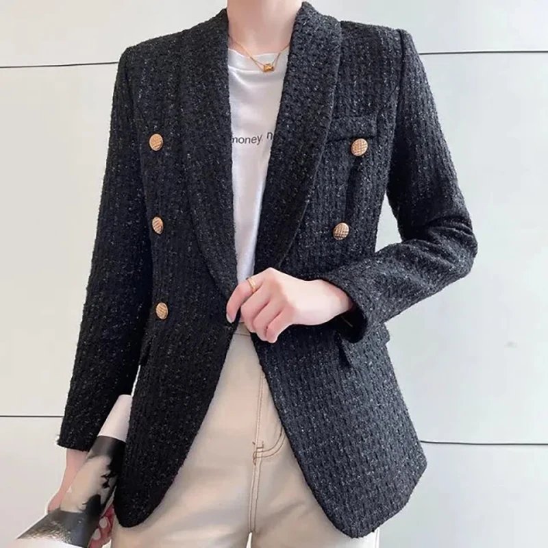 High-End Office Lady Blue Tweed Blazers Fashion V-Neck Double Breasted Slim Suit Jacket Women Design Temperament Outerwear