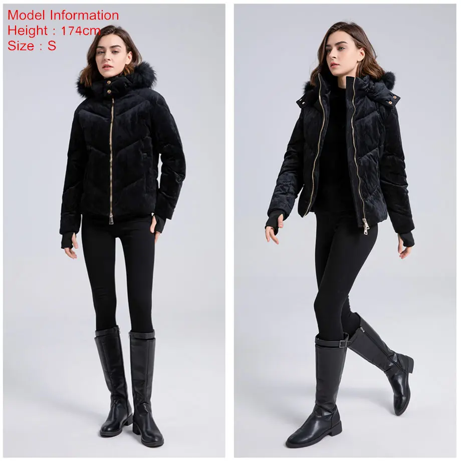 AS winter woman Velour / Vegan leather coat filled down outwear Detachable nature fur metal gold zipper