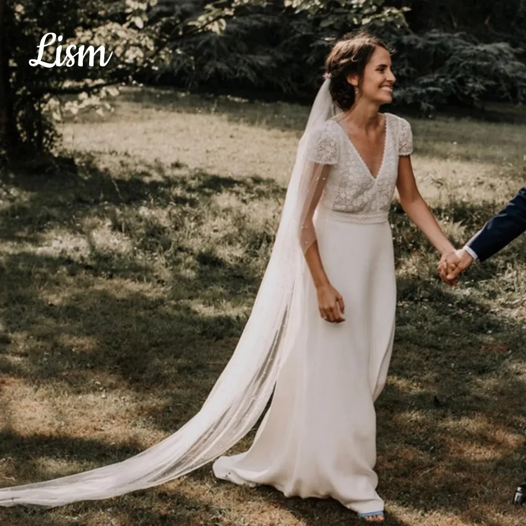 

Свадебное платье Lism в стиле бохо из шифона с открытой спиной, простое, в богемном стиле, с короткими рукавами-крылышками, А-силуэт, пляжное, свадебное платье (vestido de novia)