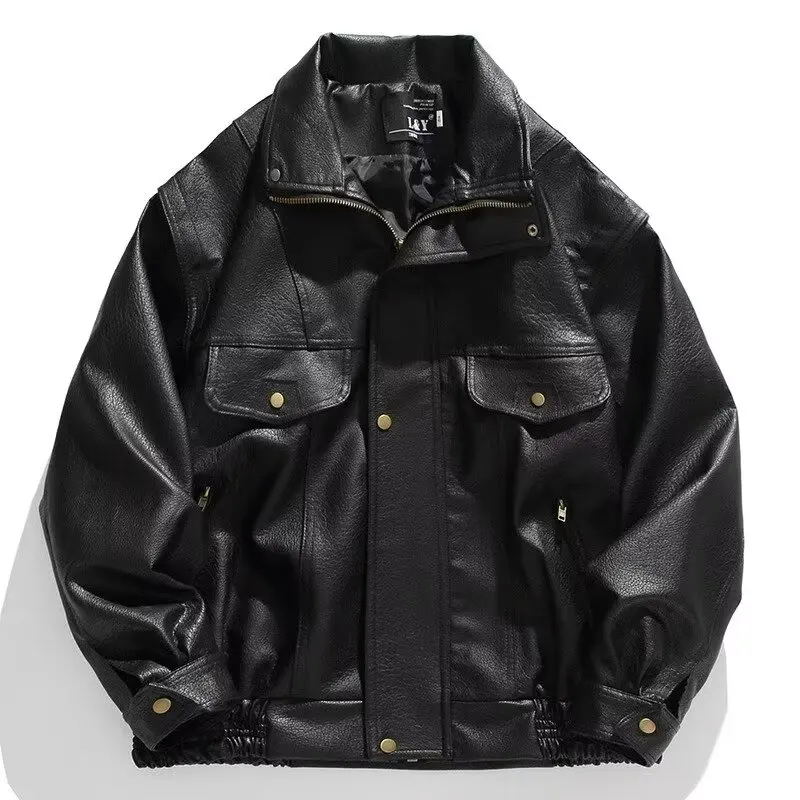 2023 Retro Motorcycle Soft Leather Jacket Mens Japanese Faux Leather Flip Collar Pu Bomber Coat  Autumn Winter Fashion Outwear