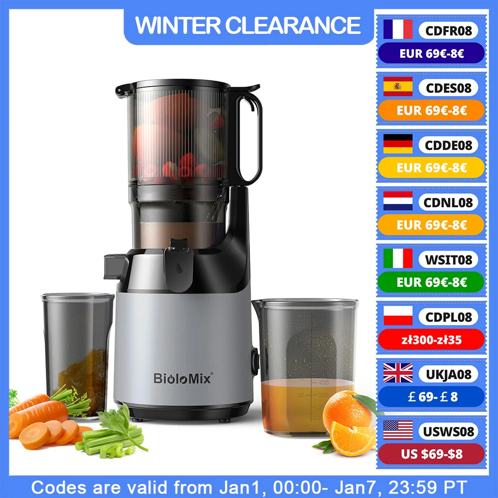 BioloMix Cold Press Juicer,with 130mm Feed Chute,Fit Whole Fruits & Vegetables,High Juice Yield,BPA FREE Slow Masticating Juicer