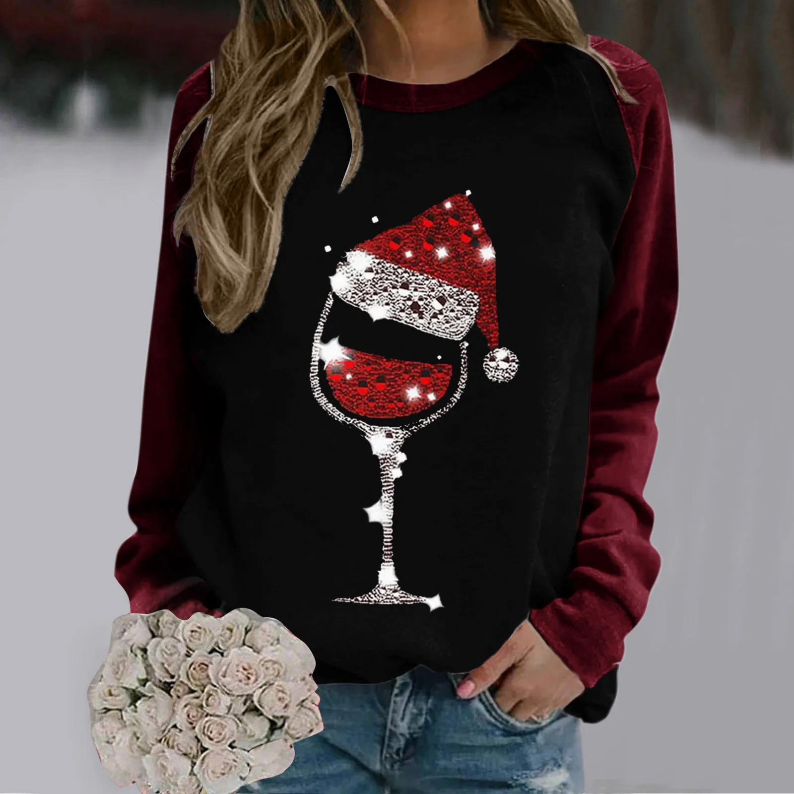 

Ladies Christmas Print Casual Sweatshirt Round Neck Long Sleeve Raglan Sweatshirt Top Autumn Winter Leisure Outfit Casual Wear