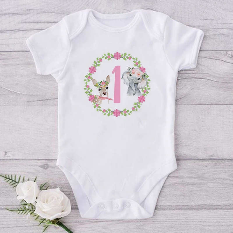 My 1st Birthday Newborn Baby Summer Romper Cute Wreath Elephant Print Toddler Jumpsuits Birthday Party Outfit Boy Girl Clothes