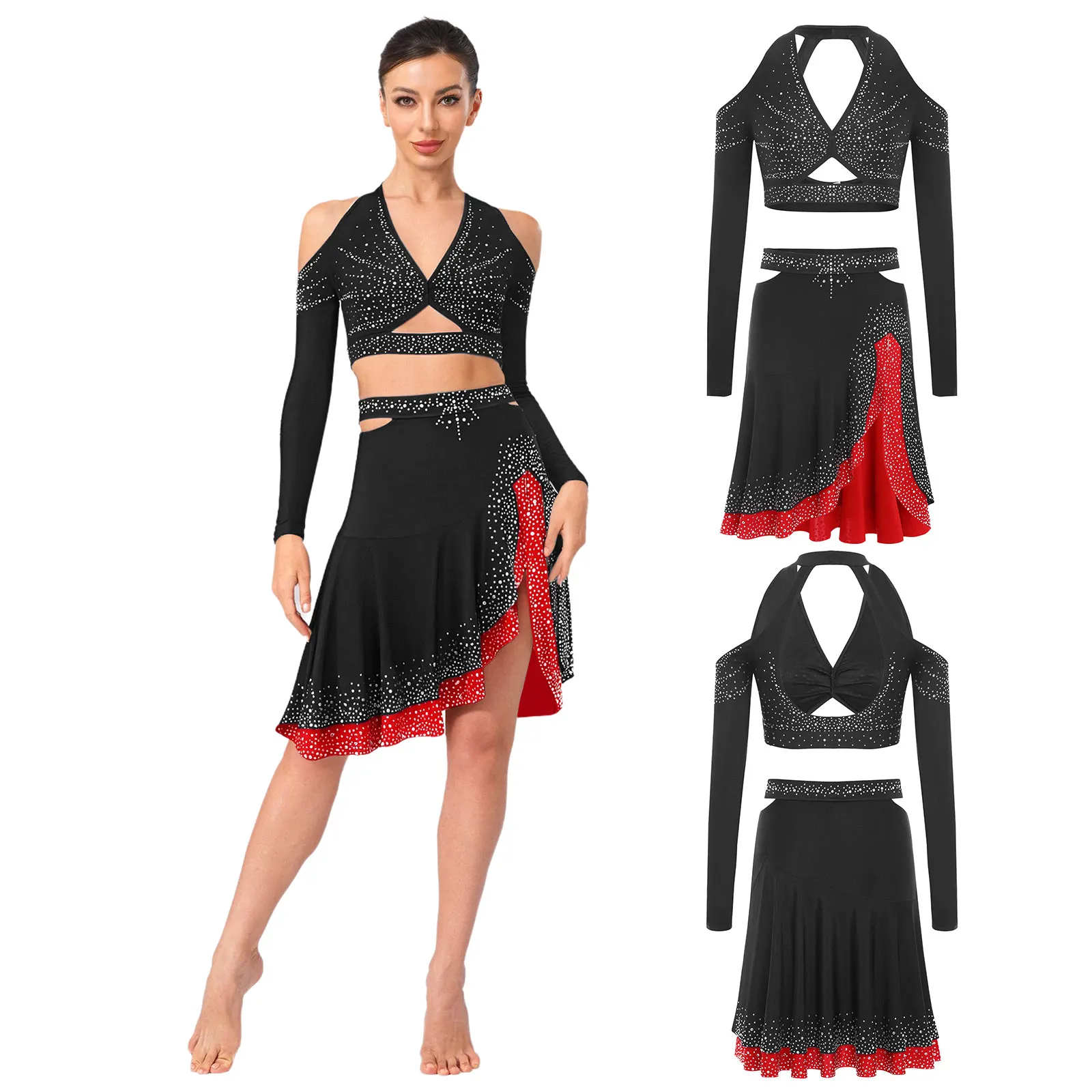 

Jazz Latin Dance Costume Set Suit Outfit for Womens Halter Long Sleeve Backless Crop Top+Skirt Rhinestones Stage Performance Set