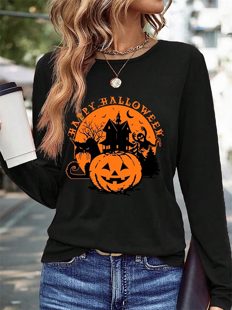 女性のためのクラシックなハロウィーンシリーズの長袖Tシャツ,不規則なプリント,ルーズフィット,グラデーション,カボチャ,2024