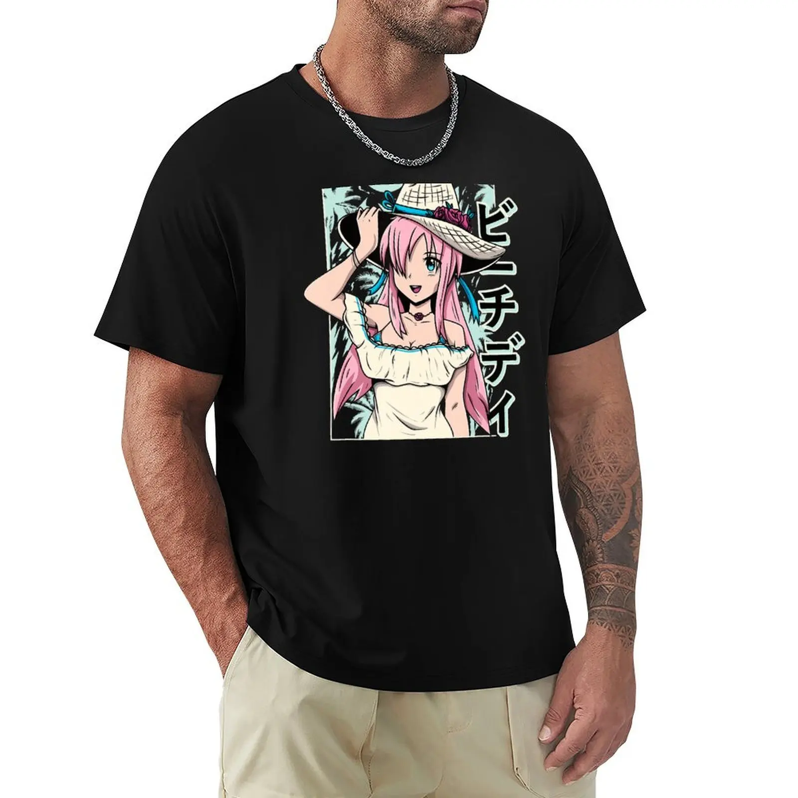 

Aesthetic Vaporwave Day On The Beach Waifu Anime Girl T-Shirt shirts graphic tees anime tshirt mens big and tall t shirts