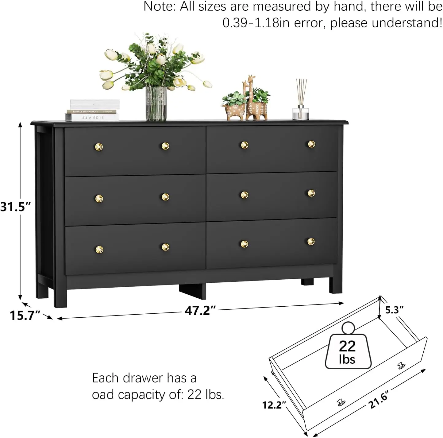 Cassettiera nera per camera da letto, cassettiera doppia moderna a 6 cassetti per bambini con maniglie dorate, cassettiere e cassettiere, abito a 6 cassetti