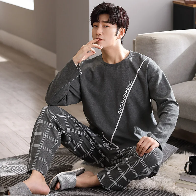 New O Neck Lounge Plaid Sleepwear Pyjamas Mens Long Sleeve Pajamas Set Sleepwear Leisure Suits Nightwear Men Homewear Free ship