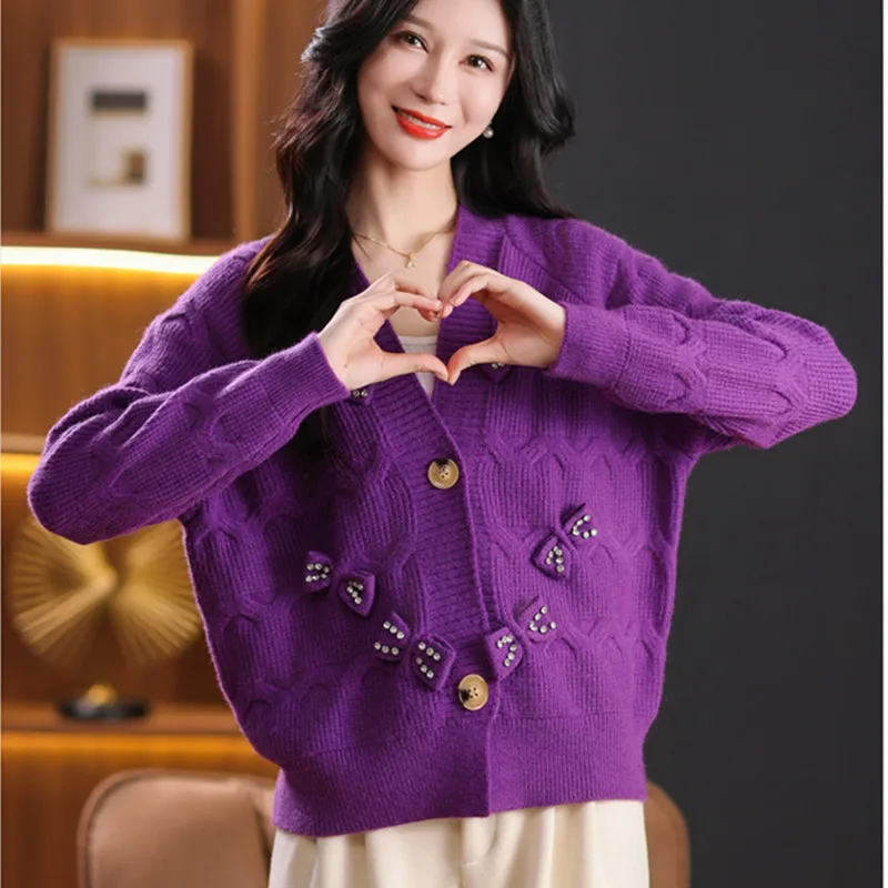 

Lovely Bow Cardigan Sweater Women new retro Japanese-style V-neck bow loose knitted women's autumn and winter wear in 2025