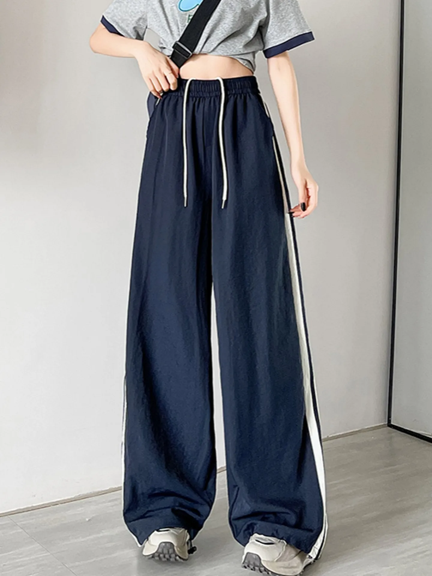アイスシルク速乾ワイドレッグルーズフィット夏薄手ワークウェアパンツ女性カジュアルスポーツパンツ韓国風スリムハイウエストロングパンツ